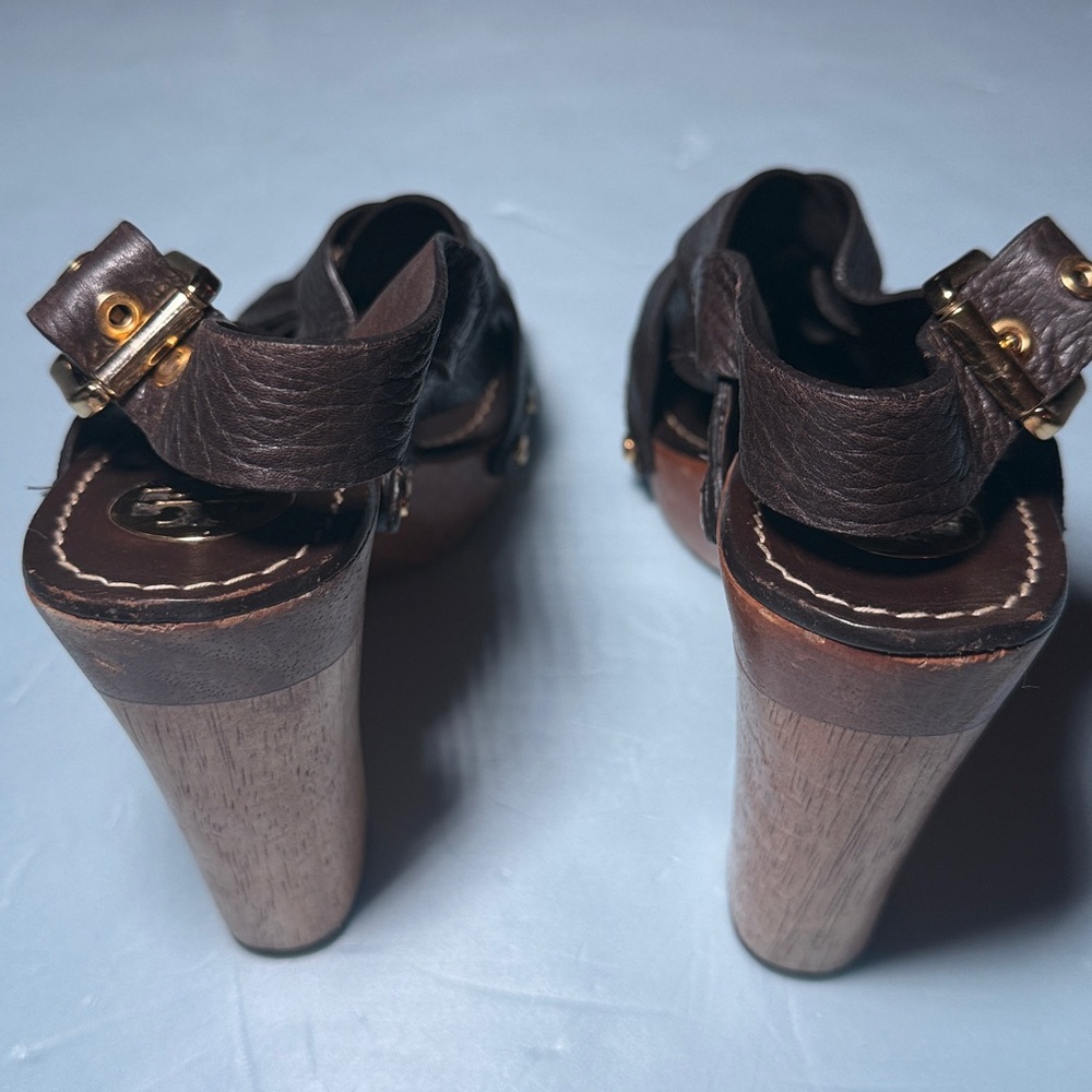 TORY BURCH Women’s 8 M Jodie Brown Leather Woven Platform Heel Sandals - Picture 5 of 15